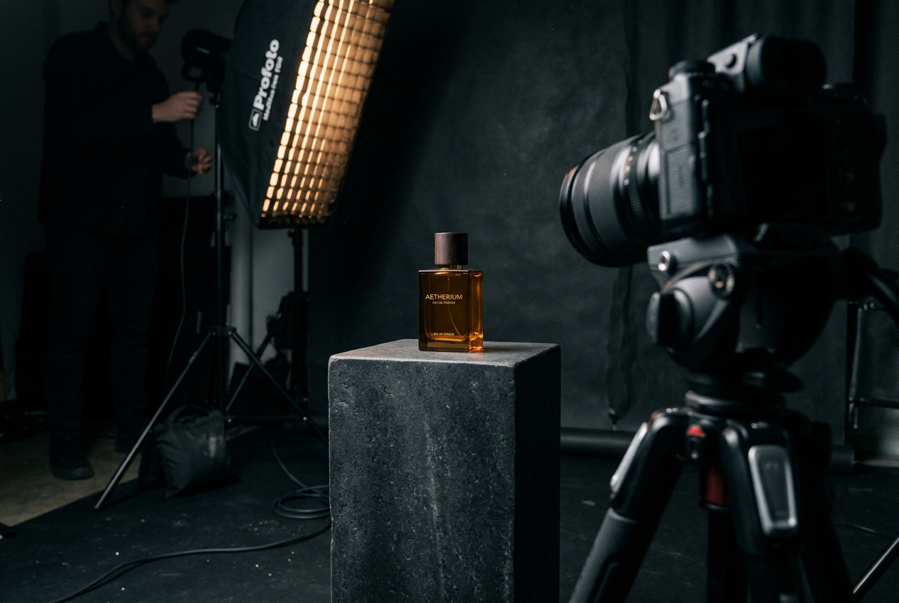 Bastidores de uma sessão de fotos de produto em estúdio, com frasco de perfume sobre pedestal de pedra iluminado por softbox